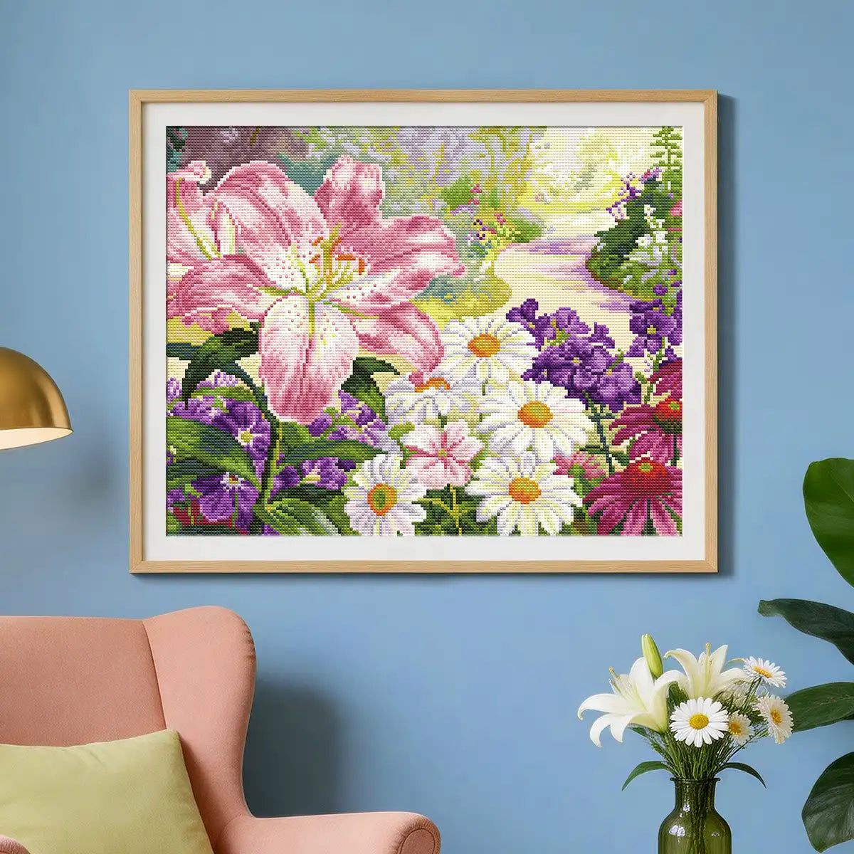 Petal Garden Path 5D diamond painting in bedroom: creates bright, blooming atmosphere - FEELOOK Art