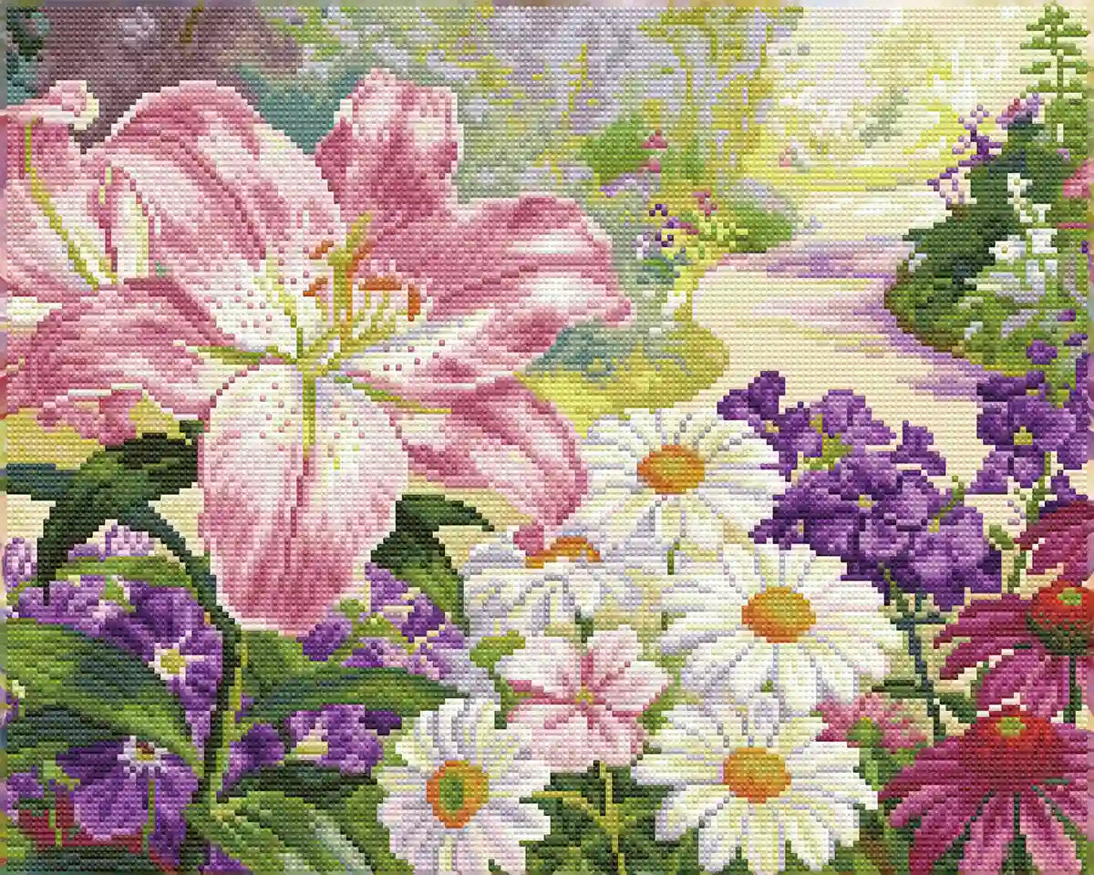Completed Petal Garden Path 5D diamond painting: detailed garden scene with vibrant bloom & path texture - FEELOOK Art