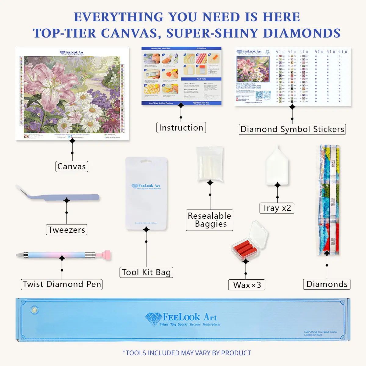 Petal Garden Path 5D diamond painting kit: full set with canvas, diamonds & tools - FEELOOK Art