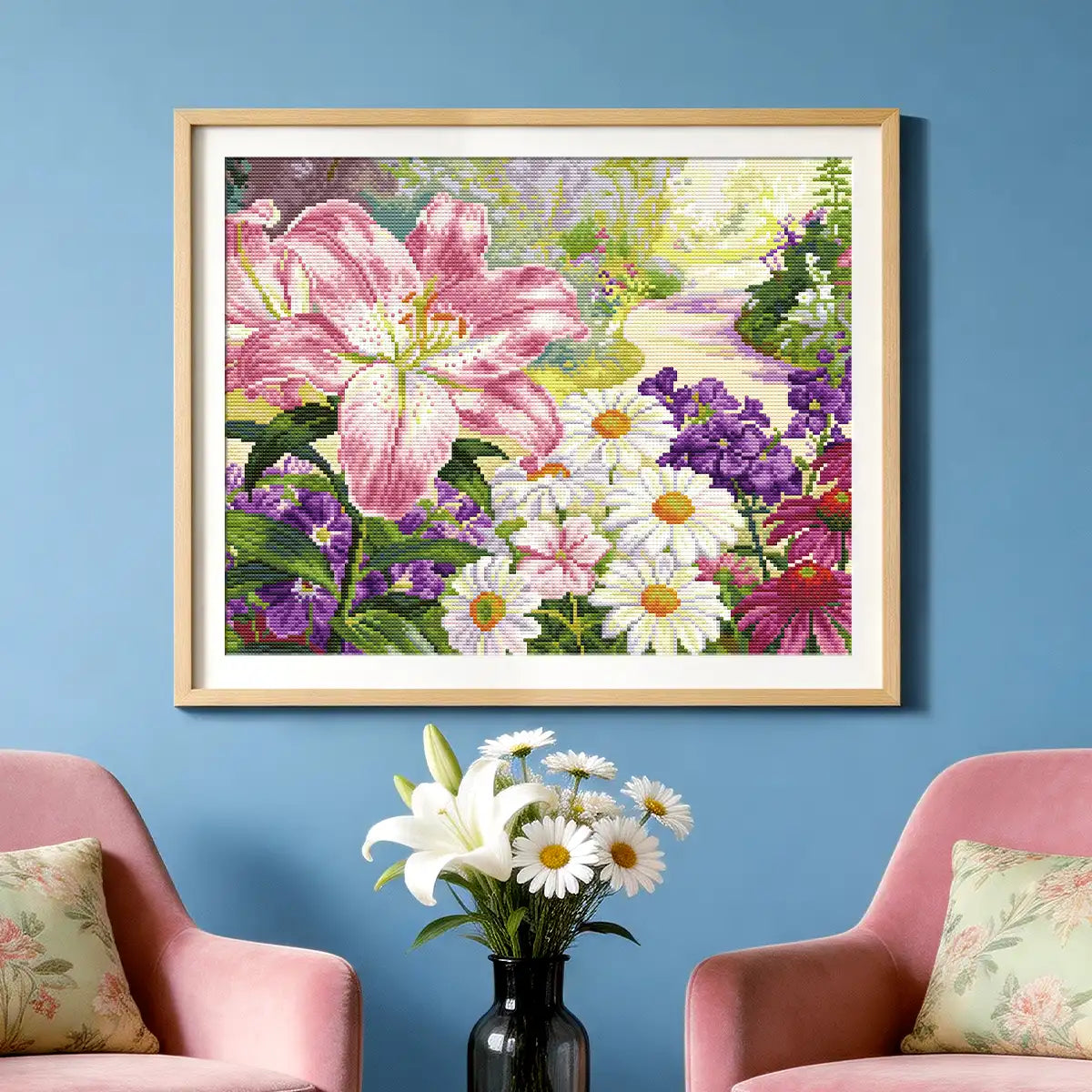 Petal Garden Path 5D diamond painting in living room: adds sunlit garden charm to decor - FEELOOK Art
