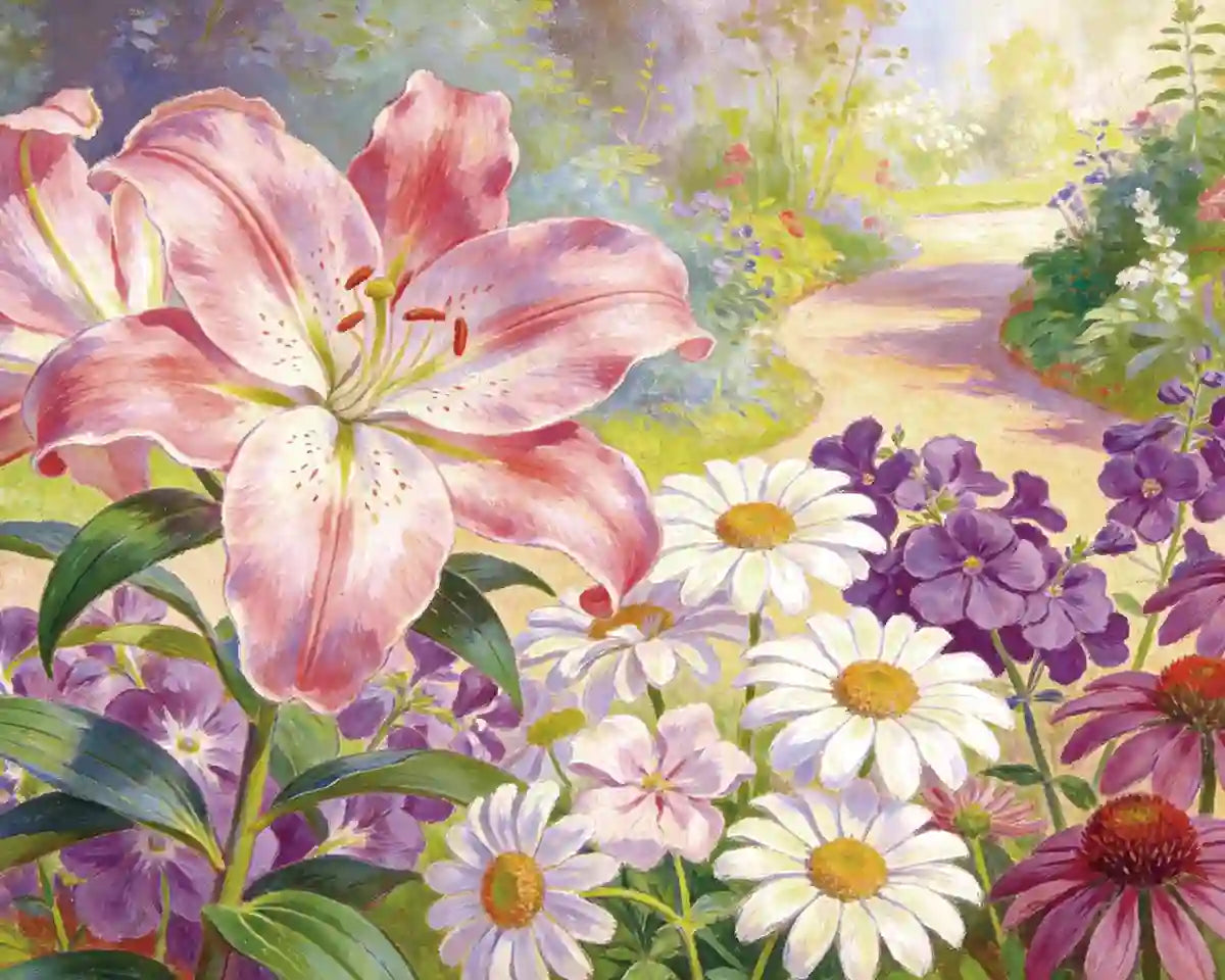 Main image of Petal Garden Path 5D diamond painting: pink lily & mixed blooms with sunlit garden path - FEELOOK Art