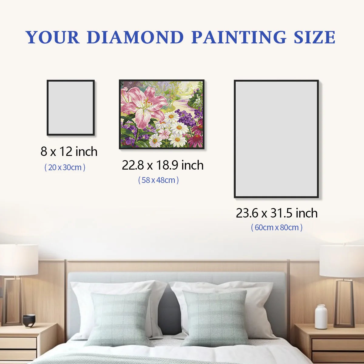 Size chart for Petal Garden Path 5D diamond painting: multiple decorative size options - FEELOOK Art
