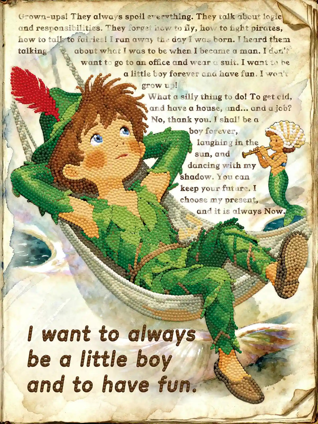 Finished Peter diamond art highlighting green foliage drills, ocean blue tones, and a carefree Neverland illustration – FEELOOK Art