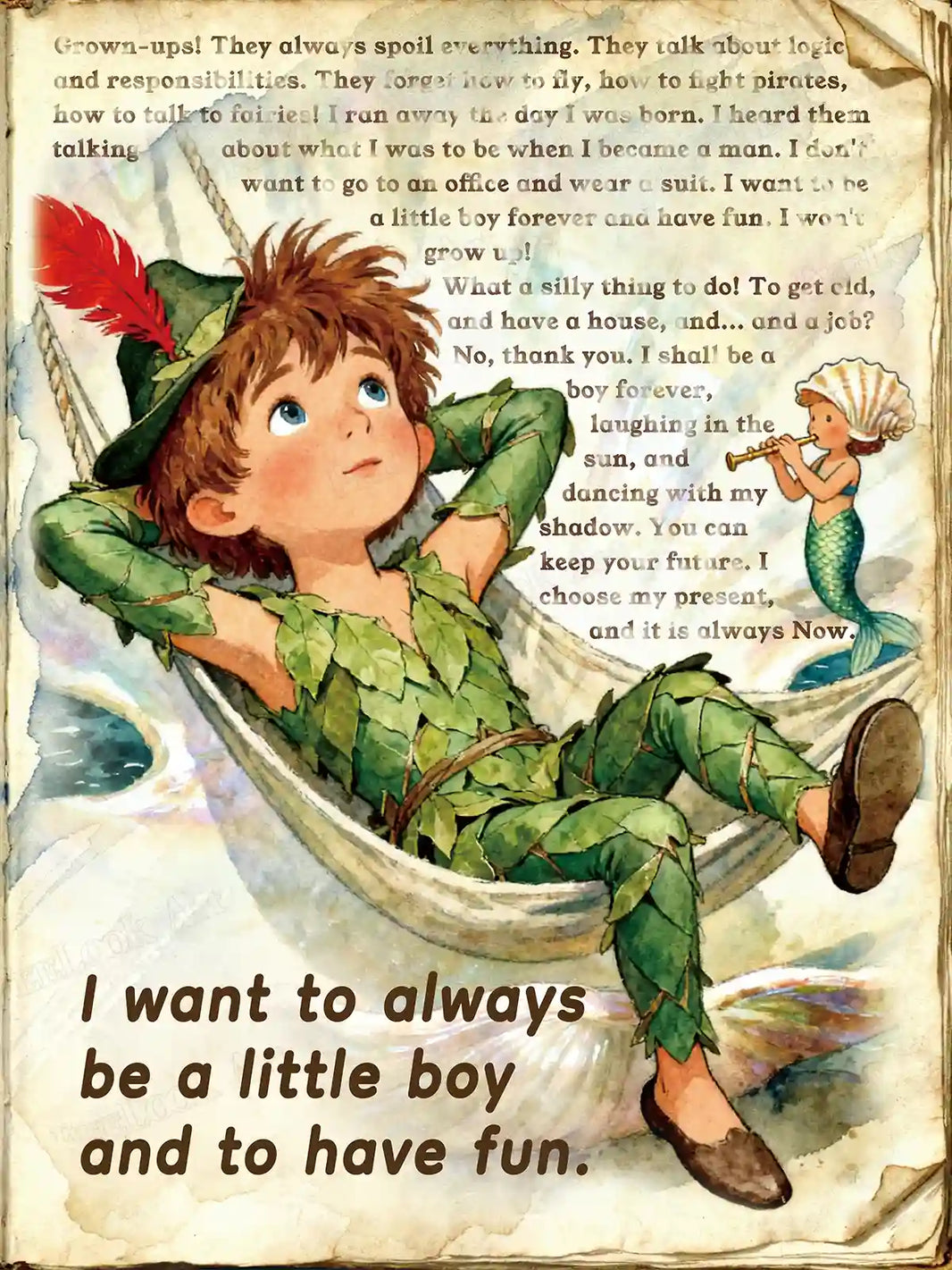 Peter diamond painting featuring a watercolor-style hammock scene with a mermaid and "be a little boy" quote – FEELOOK Art