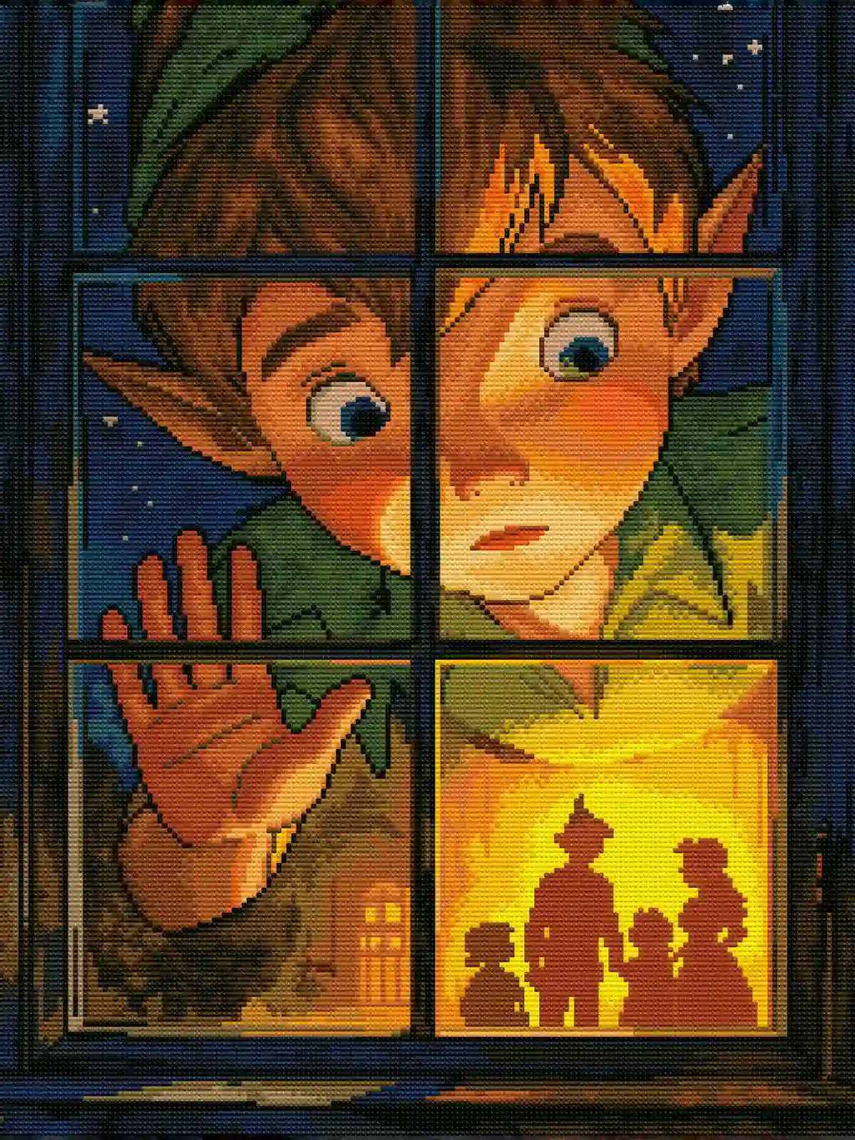 Finished Peter Pan diamond art showcasing star sparkles, golden light drills, and a nostalgic Neverland illustration – FEELOOK Art