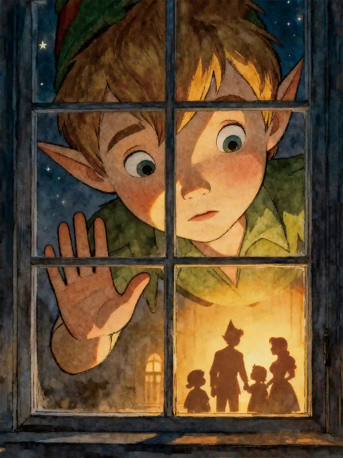 Peter Pan diamond painting featuring a watercolor-style window scene with the Darling family silhouette and night-sky tones – FEELOOK Art