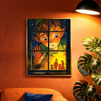 Peter Pan diamond painting displayed in a whimsical bedroom, adding Neverland magic and childhood wonder – FEELOOK Art