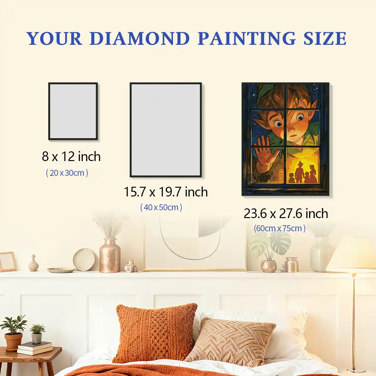 Peter Pan diamond painting framed on a wall with size comparison, shown in a child’s room for clear scale reference – FEELOOK Art