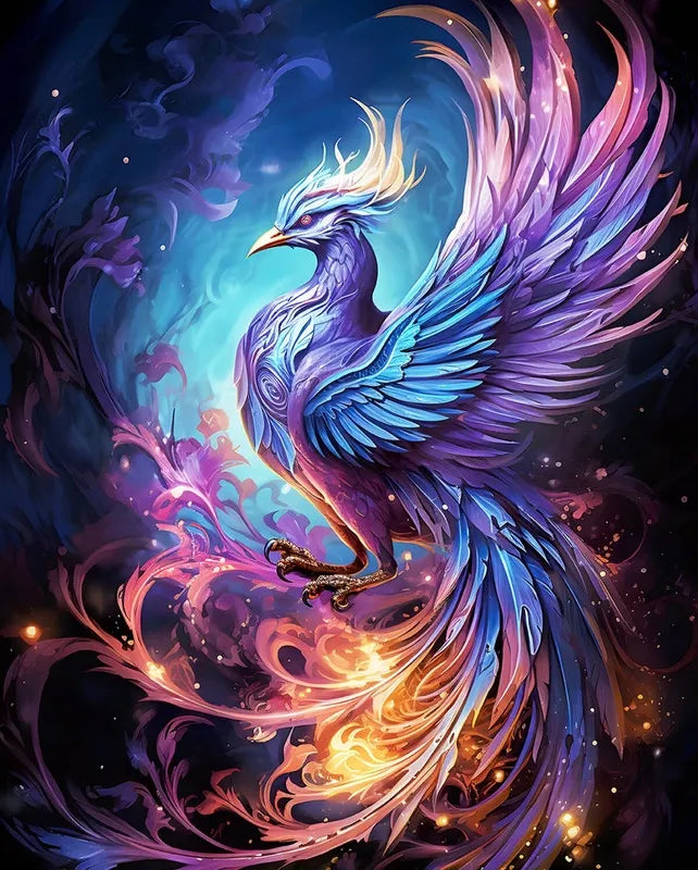 Phoenix diamond painting kit showcasing a vibrant, fiery phoenix rising from the ashes.