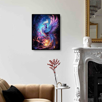 Phoenix diamond painting displayed on the wall, perfect for bold and mythical home decor.