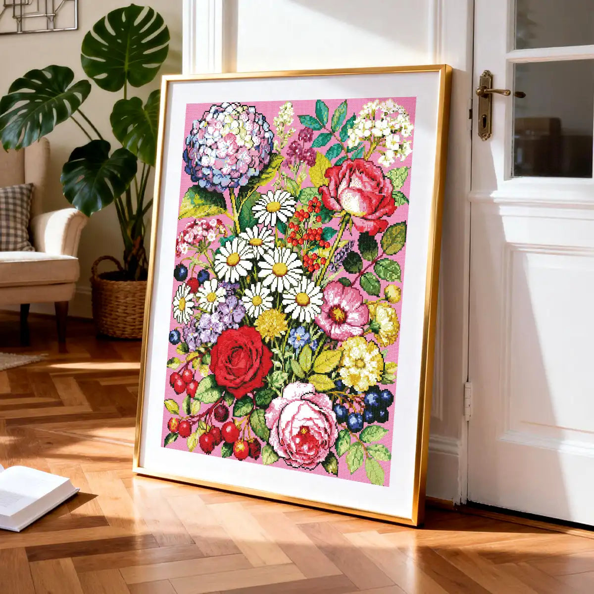 The Pink Blooms diamond painting in a gold frame leaning against a white wall for a sophisticated home aesthetic – FEELOOK Art