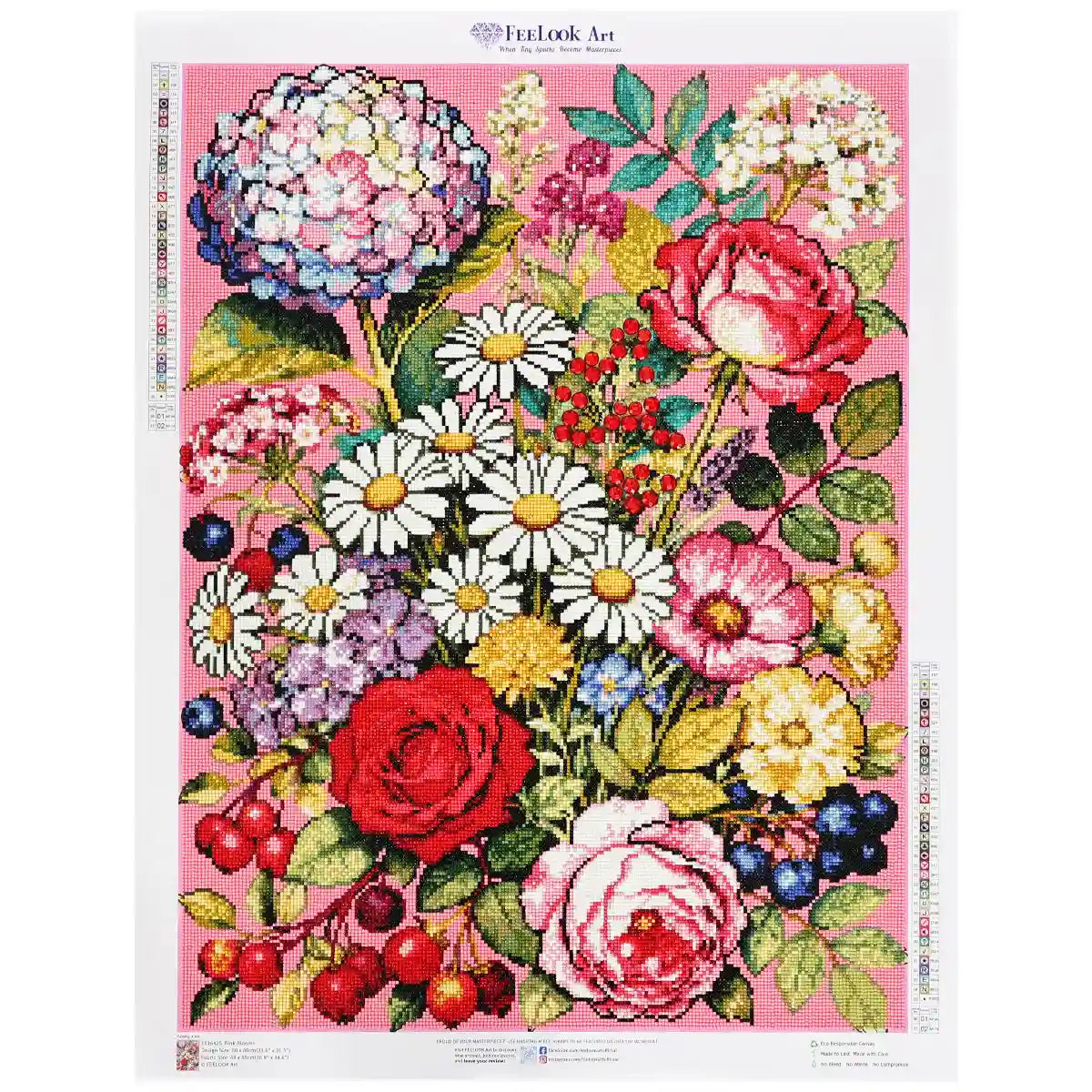 Finished Pink Blooms diamond painting artwork, showcasing full diamond art details and vibrant pink floral design - FEELOOK Art