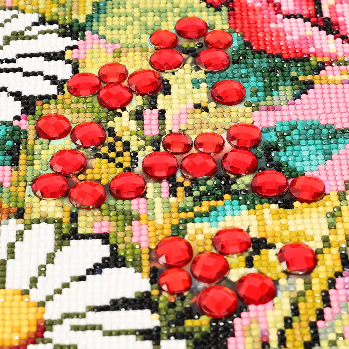 Closeup of Pink Blooms diamond painting showing sparkling diamond drills and detailed pink floral design - FEELOOK Art