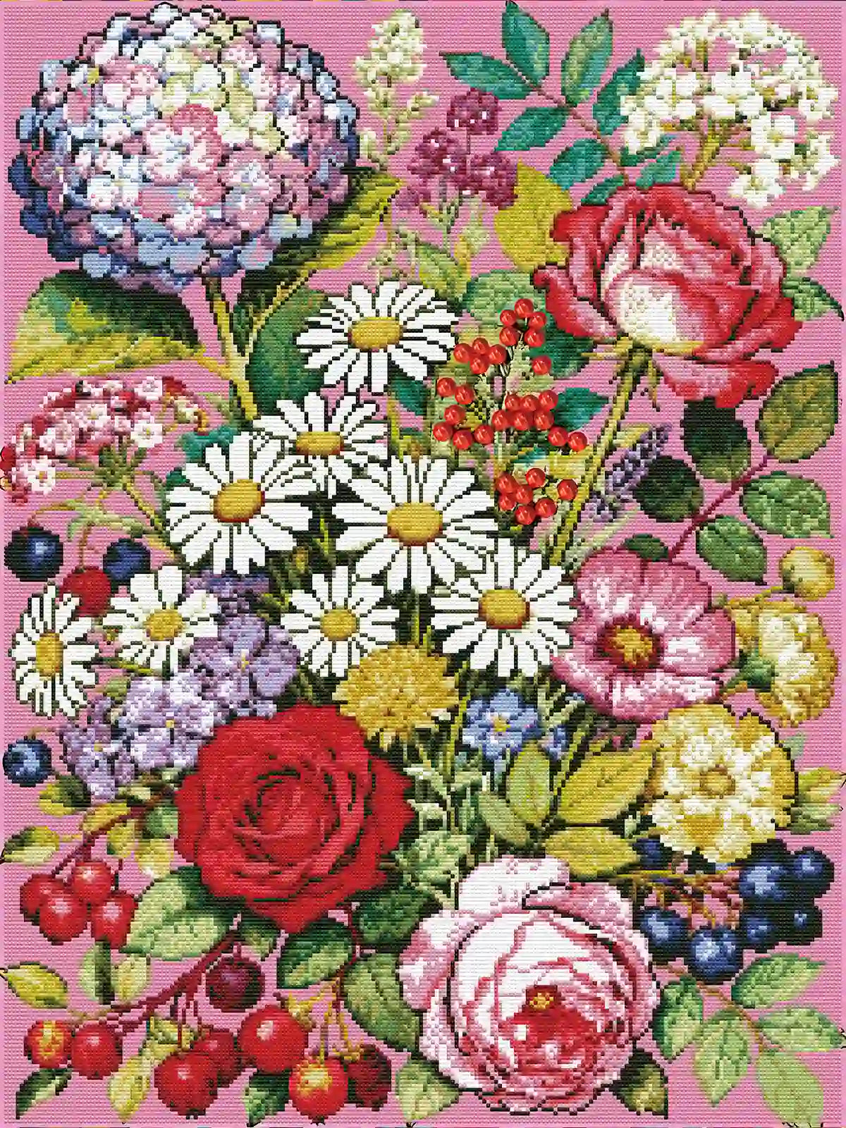 Close-up view of the Pink Blooms diamond painting showing the sparkling texture of hand-placed resin drills – FEELOOK Art