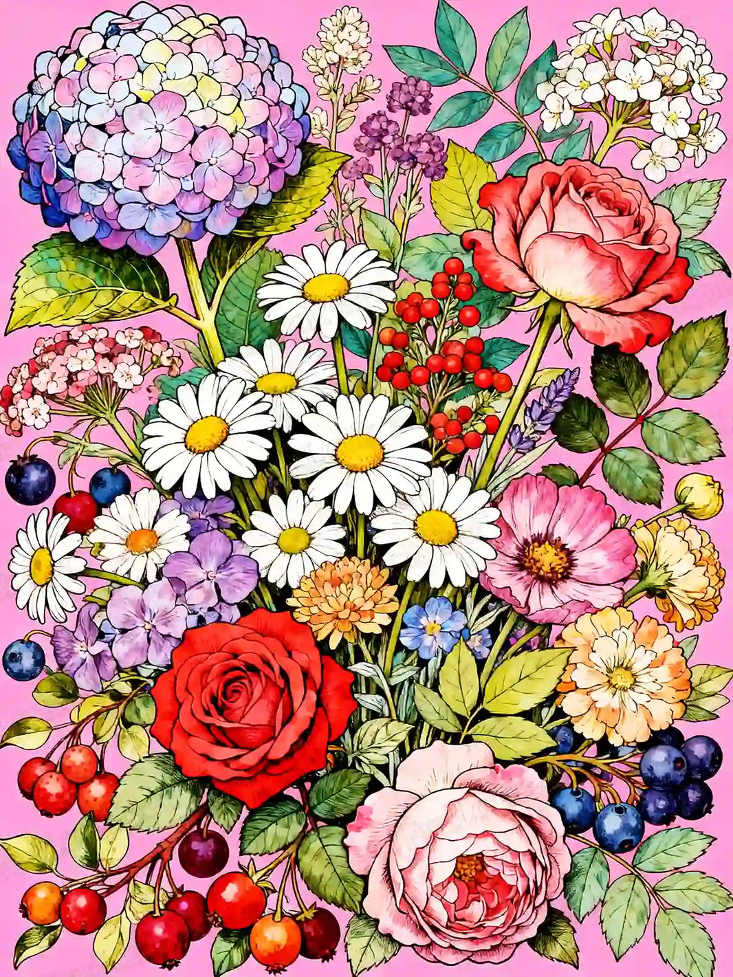 The Pink Blooms diamond painting featuring a lush bouquet of roses and hydrangeas in vibrant garden tones – FEELOOK Art