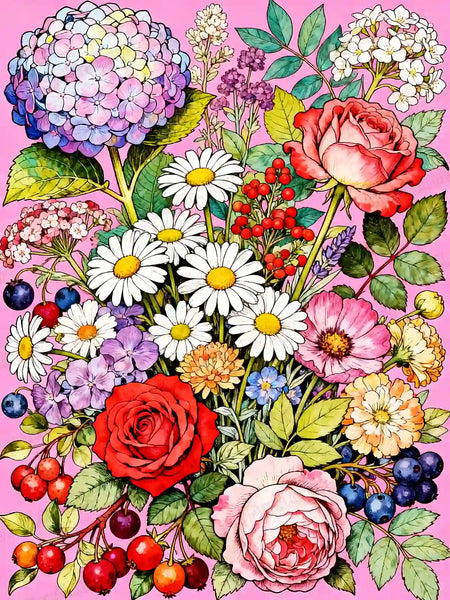 The Pink Blooms diamond painting featuring a lush bouquet of roses and hydrangeas in vibrant garden tones – FEELOOK Art