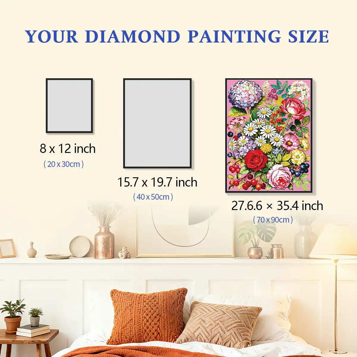Dimensional size comparison for the Pink Blooms diamond painting available in various canvas formats – FEELOOK Art