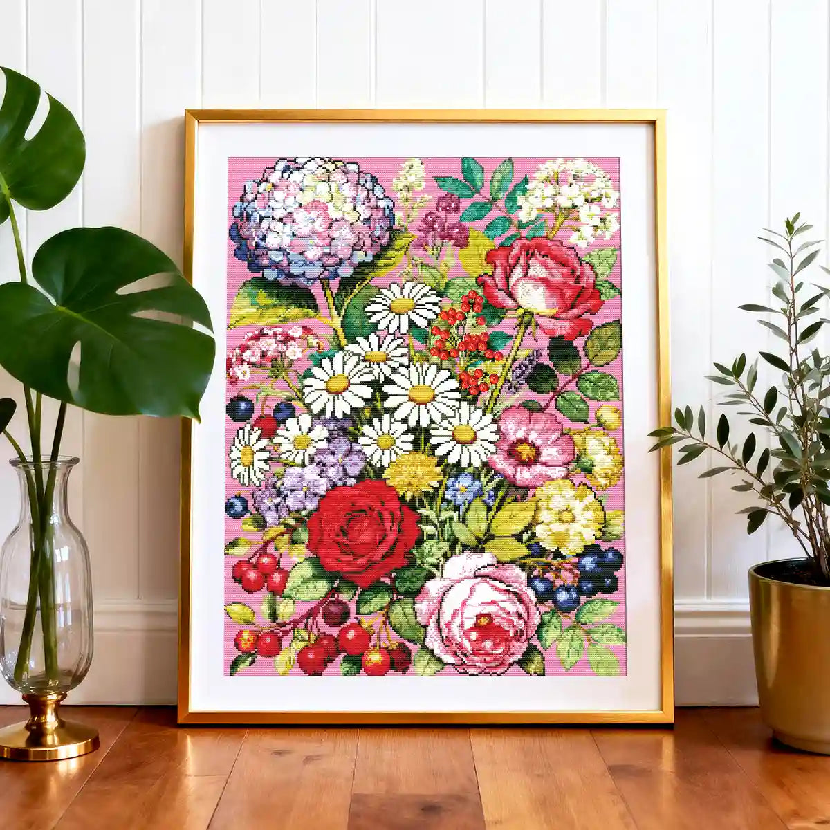Elegant gold-framed Pink Blooms diamond art displayed in a modern living room setting - FEELOOK Art