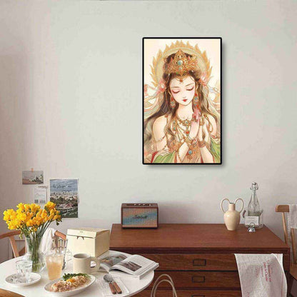 Pray for Blessings diamond painting shown in a calming room setting, enhancing the ambiance with its peaceful prayer theme.