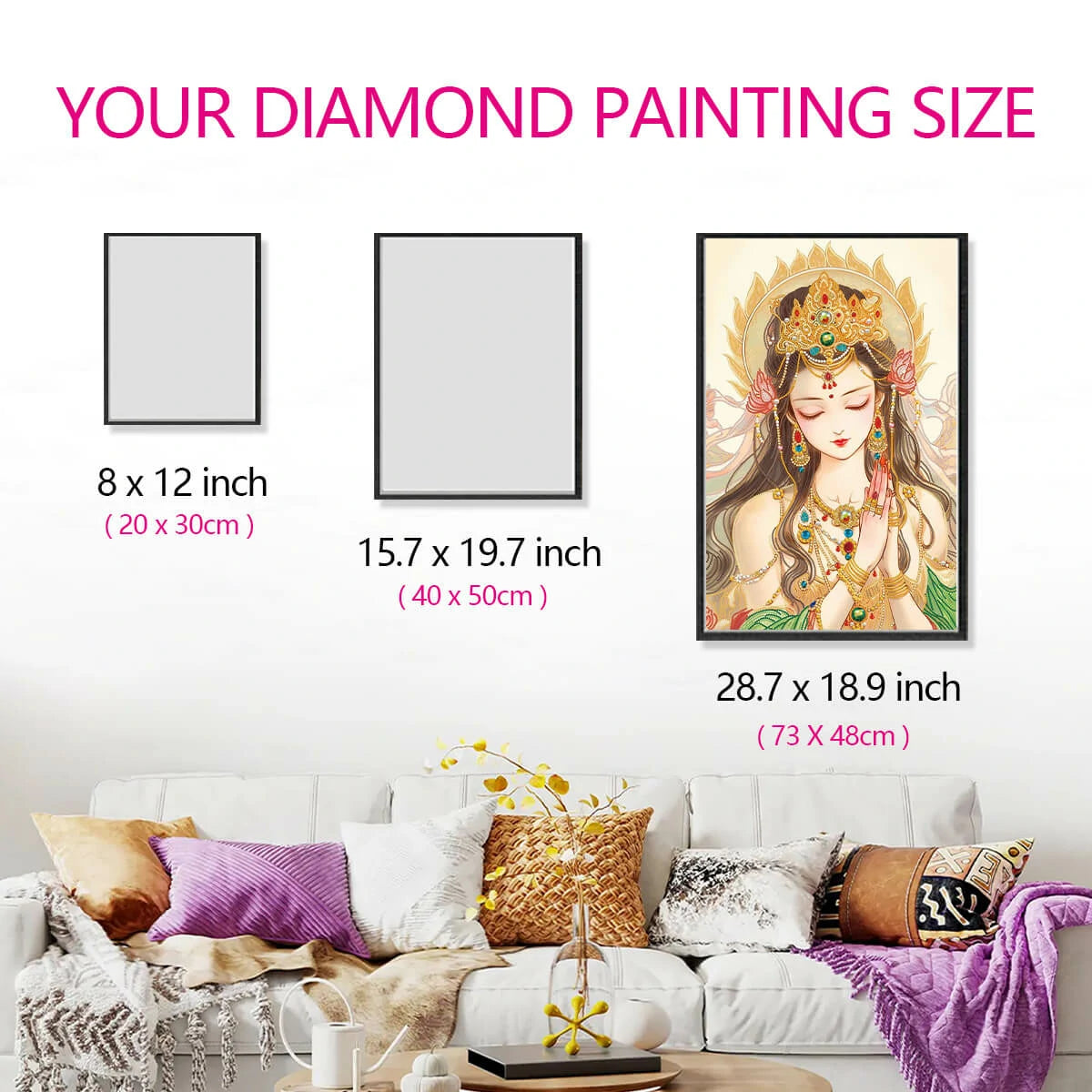 Wall-mounted size comparison showing Pray for Blessings diamond painting artwork proportions in a living room setting.