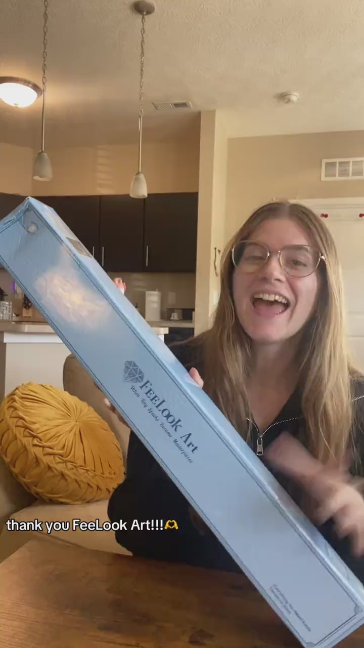 Influencer unboxing the Selene diamond painting kit, showcasing premium canvas, resin drills, and mystical moon goddess artwork - FEELOOK Art