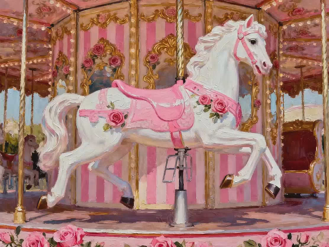 Animated preview of the Carousel Horse diamond painting kit from THE PINK series, showcasing sparkling details and pink fantasy tones.