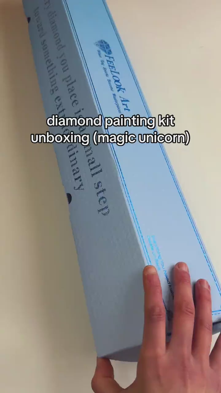Unboxing video of the Magic Unicorn diamond painting kit, featuring premium flocked canvas, resin drills, and enchanting fantasy unicorn artwork - FEELOOK Art