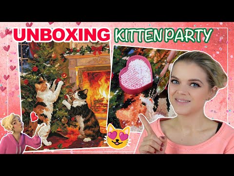 Unboxing video of the Kitten Party diamond painting kit, featuring premium flocked canvas, resin drills, and adorable kitten artwork - FEELOOK Art
