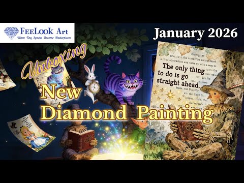 Unboxing video of the Scarecrow diamond painting kit, featuring premium flocked canvas, resin drills, and whimsical storybook artwork - FEELOOK Art