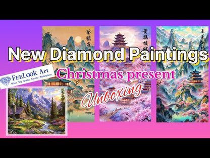 Unboxing video featuring Halcyon Morning, Ascending the Stork Tower, Fairyland of Penglai, and Song of Yellow Crane Tower diamond painting kits, showcasing premium flocked canvas, resin drills, and beautiful oriental landscape artwork - FEELOOK Art