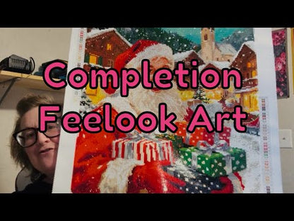 Unboxing video of the Gifts of Cheer diamond painting kit, featuring premium flocked canvas, resin drills, and festive holiday artwork - FEELOOK Art