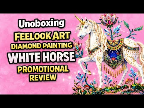 Unboxing video of the White Horn diamond painting kit, featuring premium flocked canvas, resin drills, and enchanting unicorn artwork - FEELOOK Art
