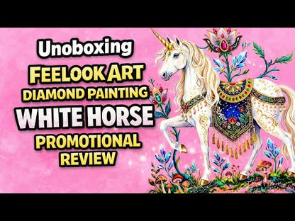 Unboxing video of the White Horn diamond painting kit, featuring premium flocked canvas, resin drills, and enchanting unicorn artwork - FEELOOK Art