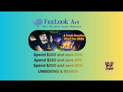 Unboxing video of the Alice diamond painting kit, featuring premium flocked canvas, resin drills, and whimsical storybook artwork - FEELOOK Art