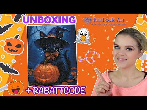 Unboxing video of the Halloween Cat Guardian diamond painting kit, featuring premium flocked canvas, resin drills, and magical Halloween cat artwork - FEELOOK Art
