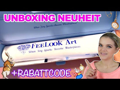 Unboxing video of The White Rabbit diamond painting kit, featuring premium flocked canvas, resin drills, and whimsical storybook rabbit artwork - FEELOOK Art