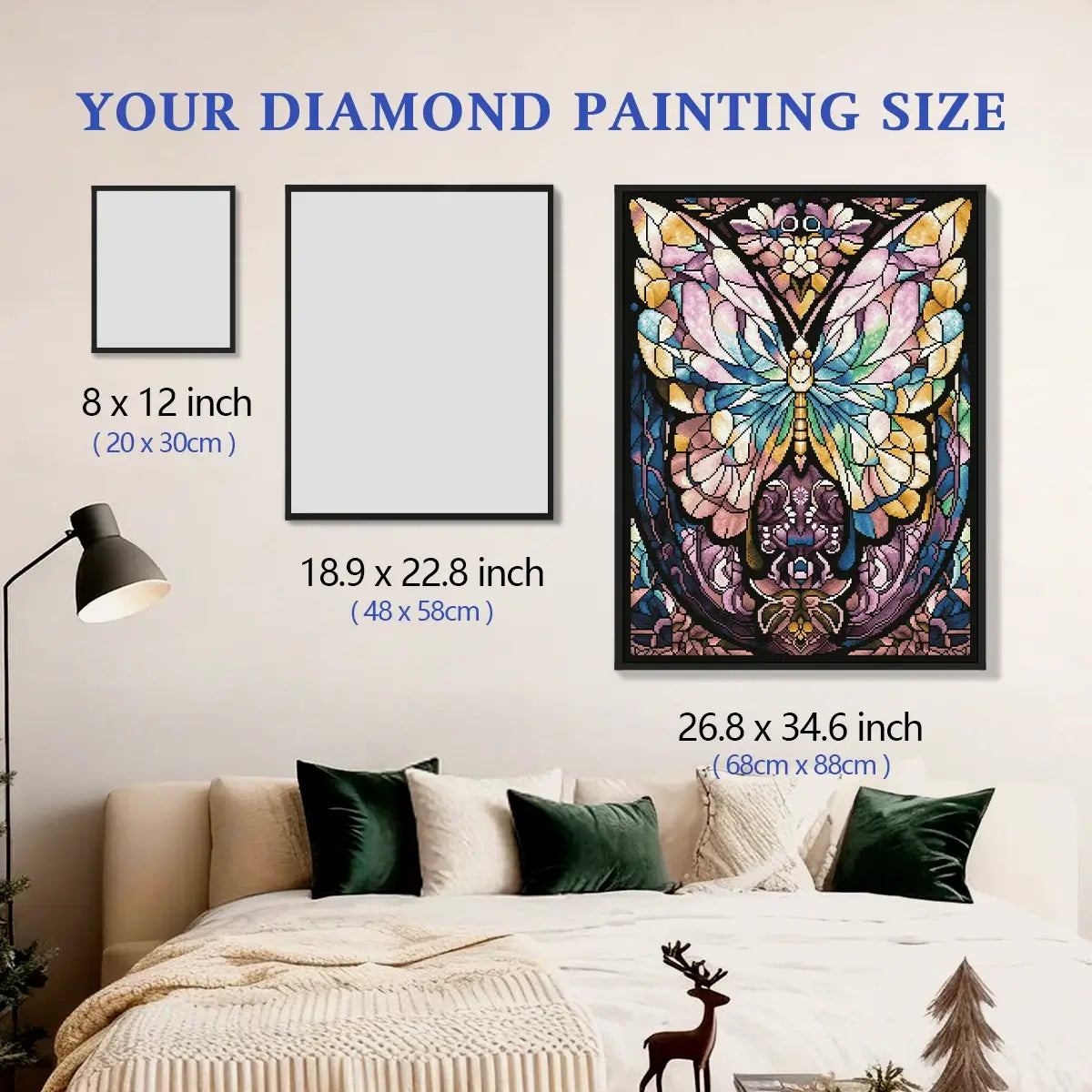Prismatic Butterfly 5D diamond painting size chart showing stained glass butterfly artwork scale - FEELOOK Art