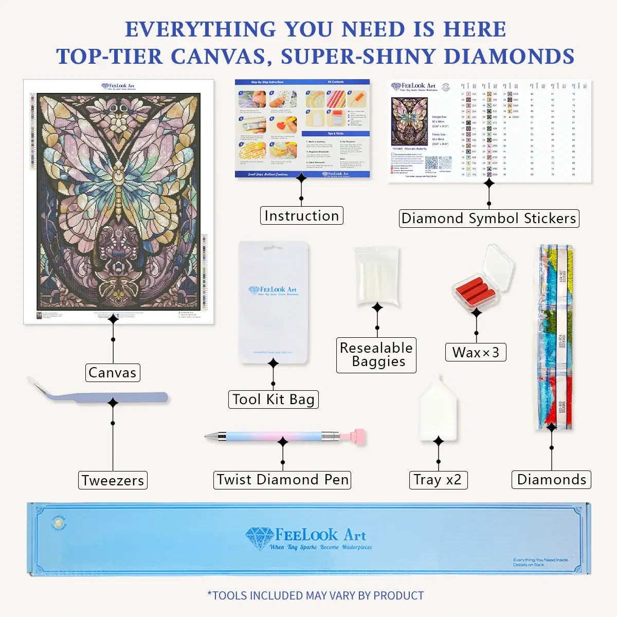 Prismatic Butterfly diamond painting kit with full drill canvas, resin drills, one AB drill and tools - FEELOOK Art