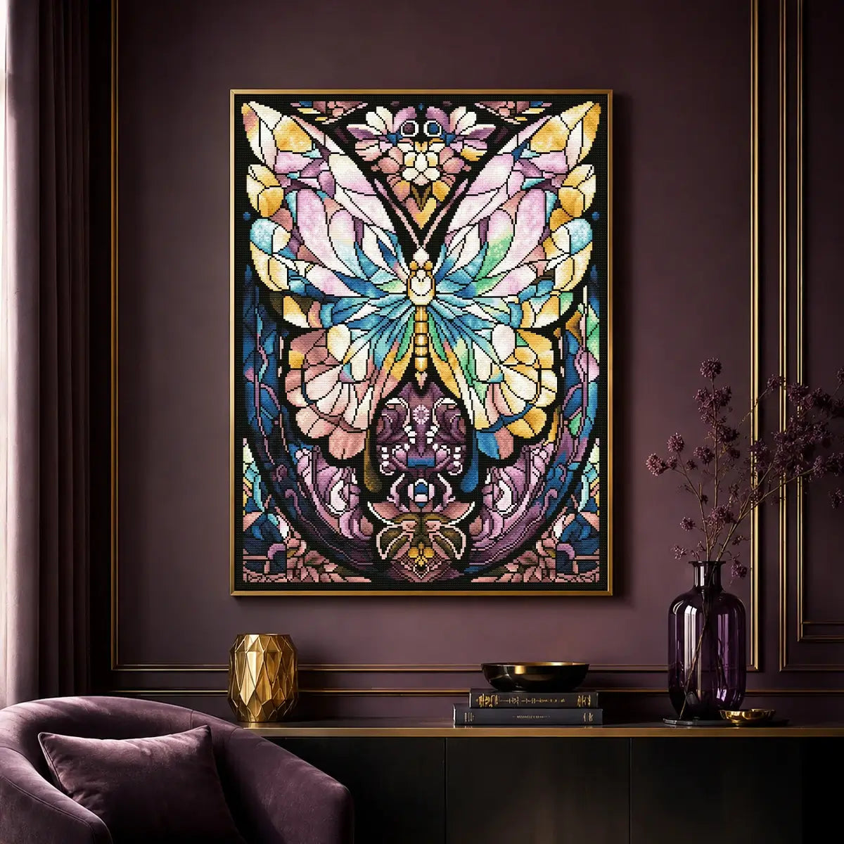 Prismatic Butterfly diamond painting displayed as colorful stained glass butterfly wall decor - FEELOOK Art