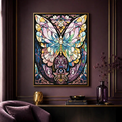 Prismatic Butterfly diamond painting displayed as colorful stained glass butterfly wall decor - FEELOOK Art