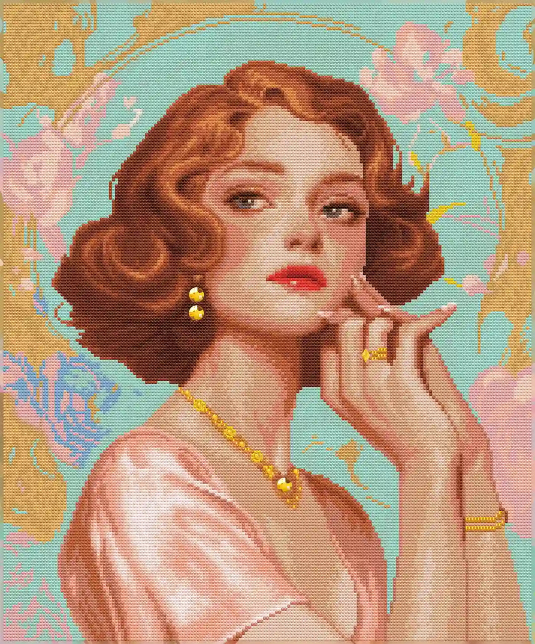 Completed Pure Elegance 5D diamond painting: detailed vintage figure scene with shimmering pearl & gold details - FEELOOK Art