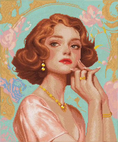 Completed Pure Elegance 5D diamond painting: detailed vintage figure scene with shimmering pearl & gold details - FEELOOK Art