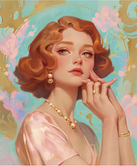 Main image of Pure Elegance 5D diamond painting: vintage-style figure in pink silk with pearl & gold accents - FEELOOK Art