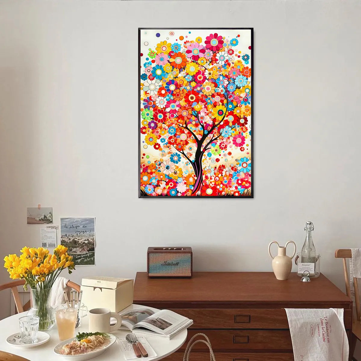 Colorful tree artwork framed in bright minimalist room, perfect for meditative benefits of diamond painting.