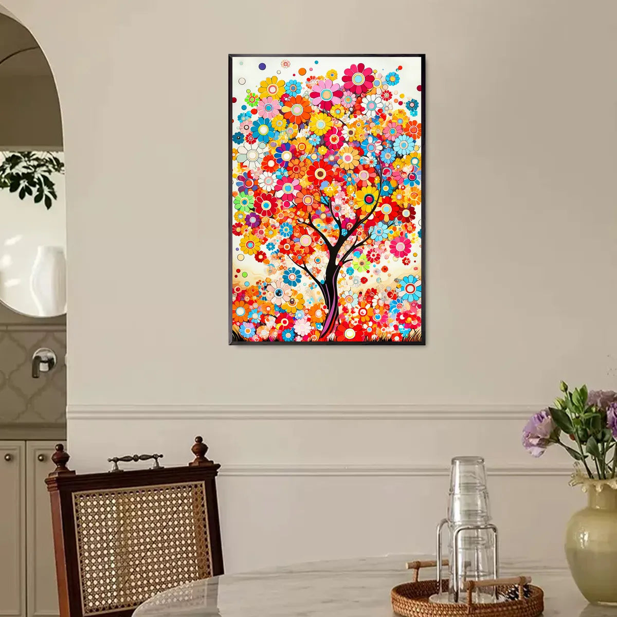 Rainbow tree diamond painting hanging in cozy hallway corner, ideal for relaxation and creative hobby.