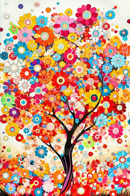 Blooming tree full drill diamond painting with rainbow foliage, beginner-friendly DIY diamond painting kit.