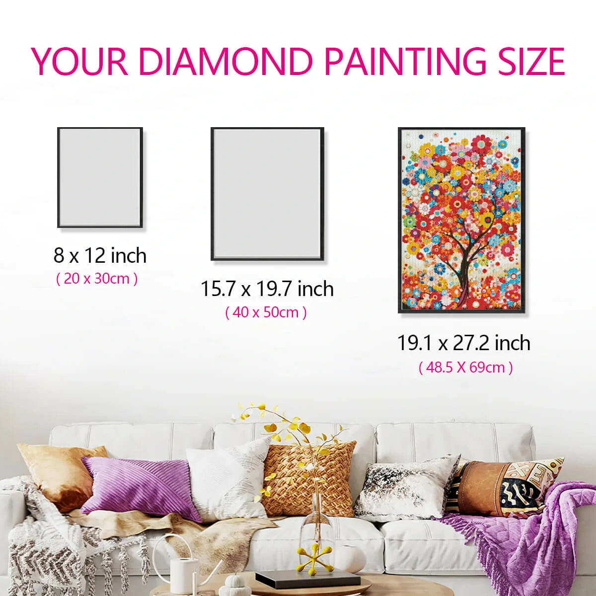 Rainbow Bloom Tree canvas held for size comparison, easy to start round drill diamond painting kit.
