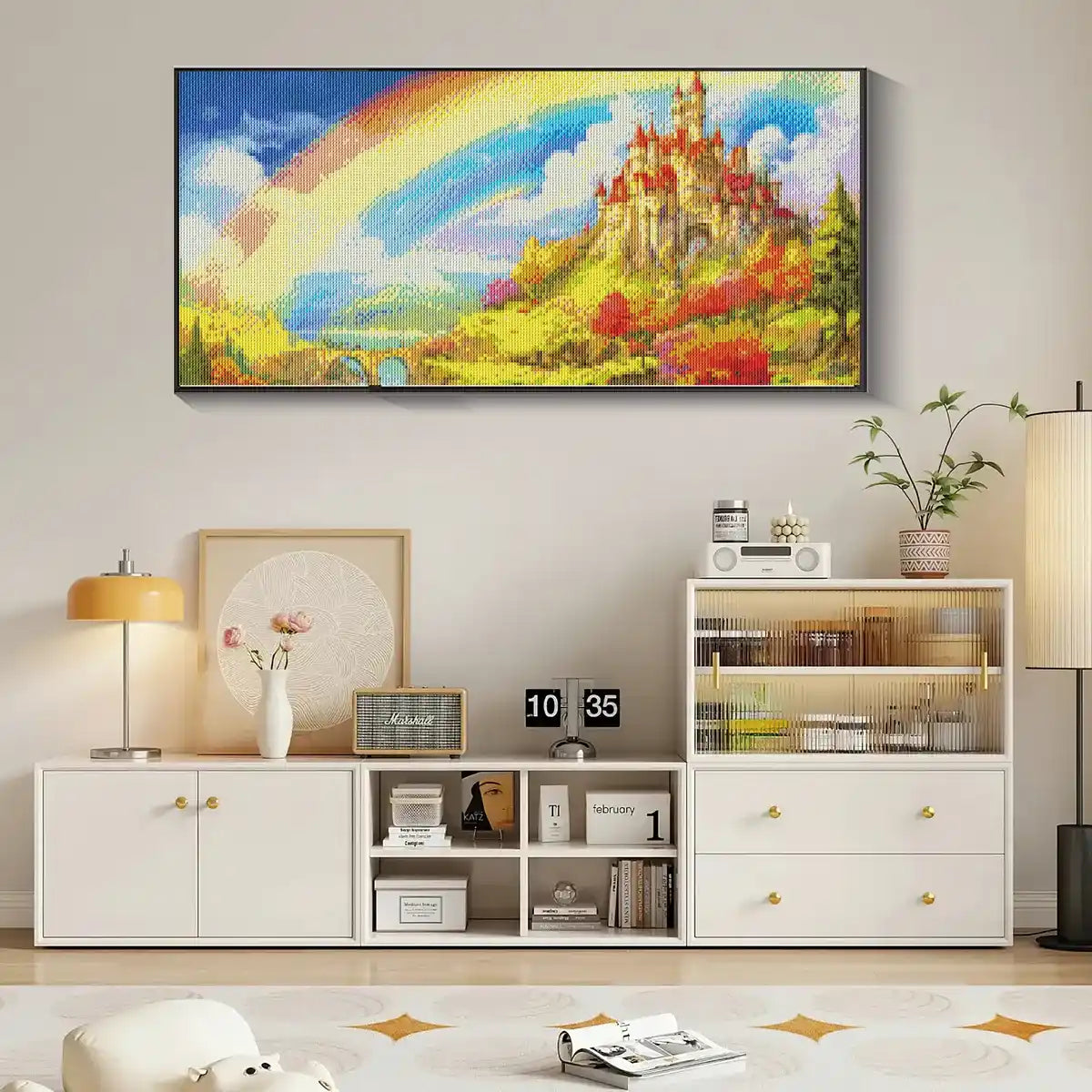Whimsical rainbow castle diamond art displayed in a children’s room.