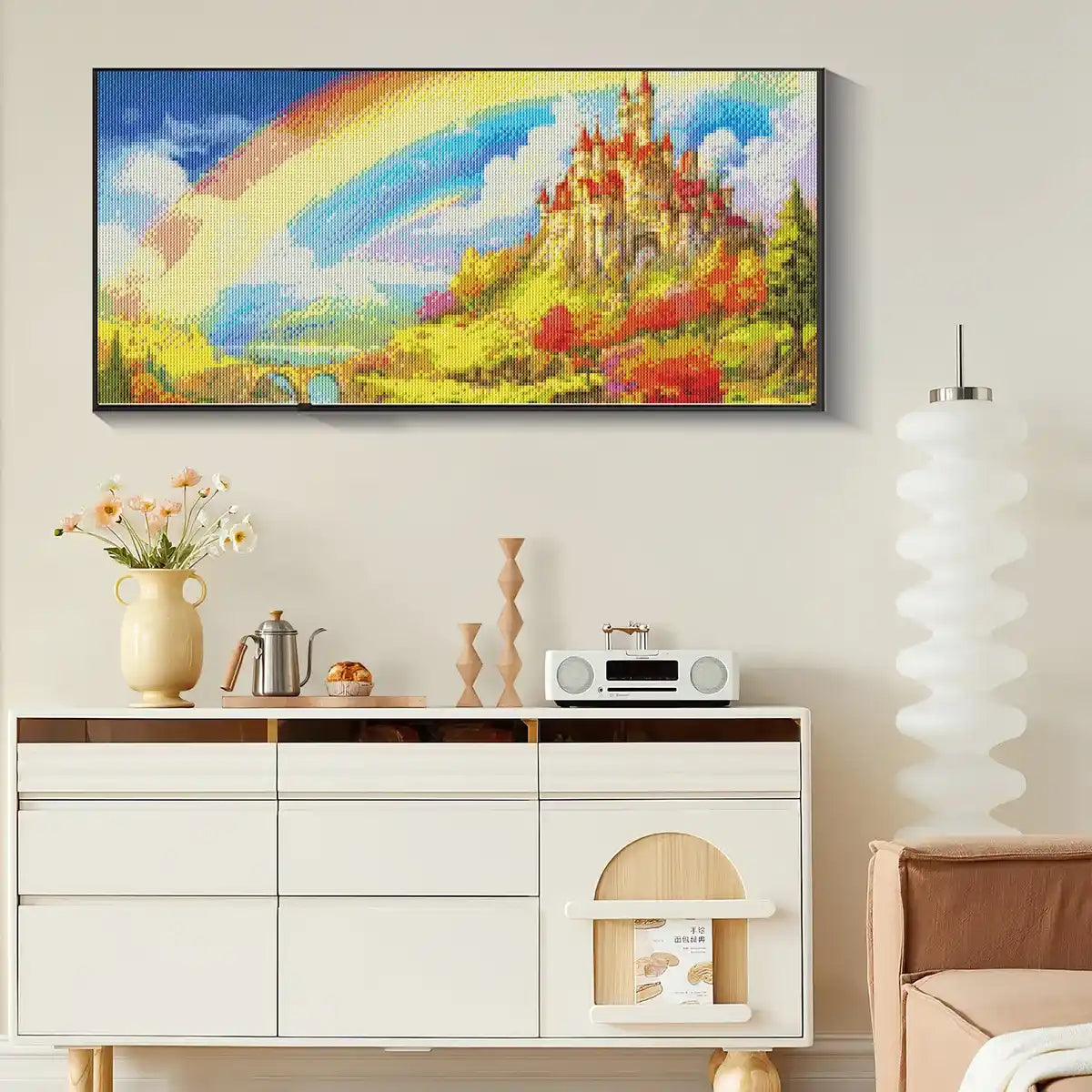 Magical rainbow castle artwork on wall in modern living room