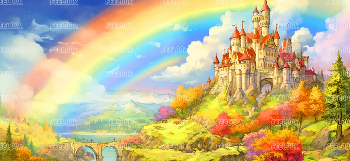 Rainbow Castle diamond painting kit with full drill round diamonds and vivid fantasy colors.